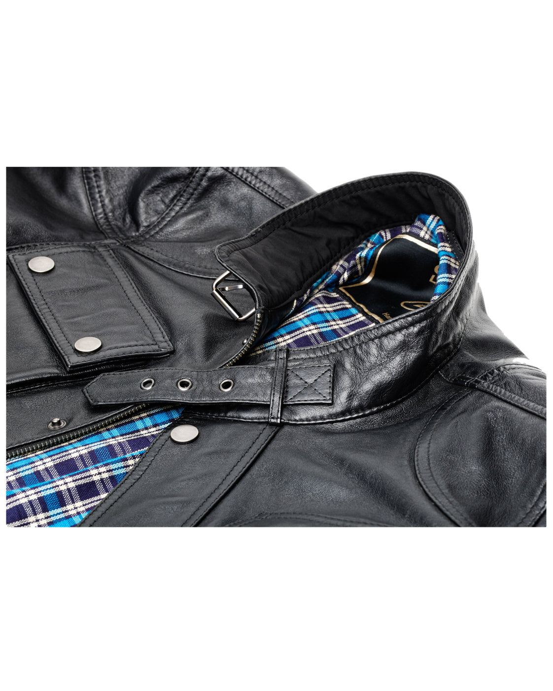 HARROW black leather jacket collar buckle, checked lining and chest pocket detail