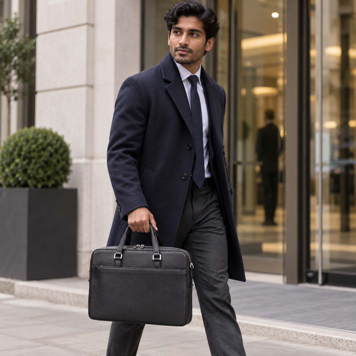 Model carrying the black QUIVE London CAVENDISH leather laptop briefcase outside a London office