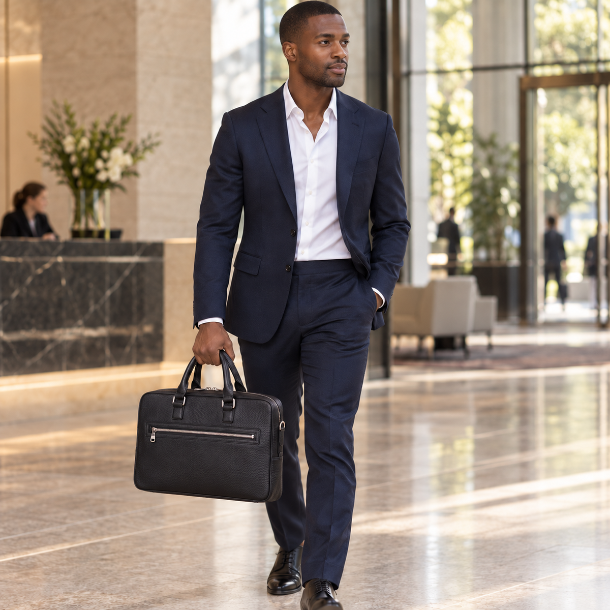 Model carrying the black QUIVE London CAVENDISH leather laptop briefcase in a London office lobby
