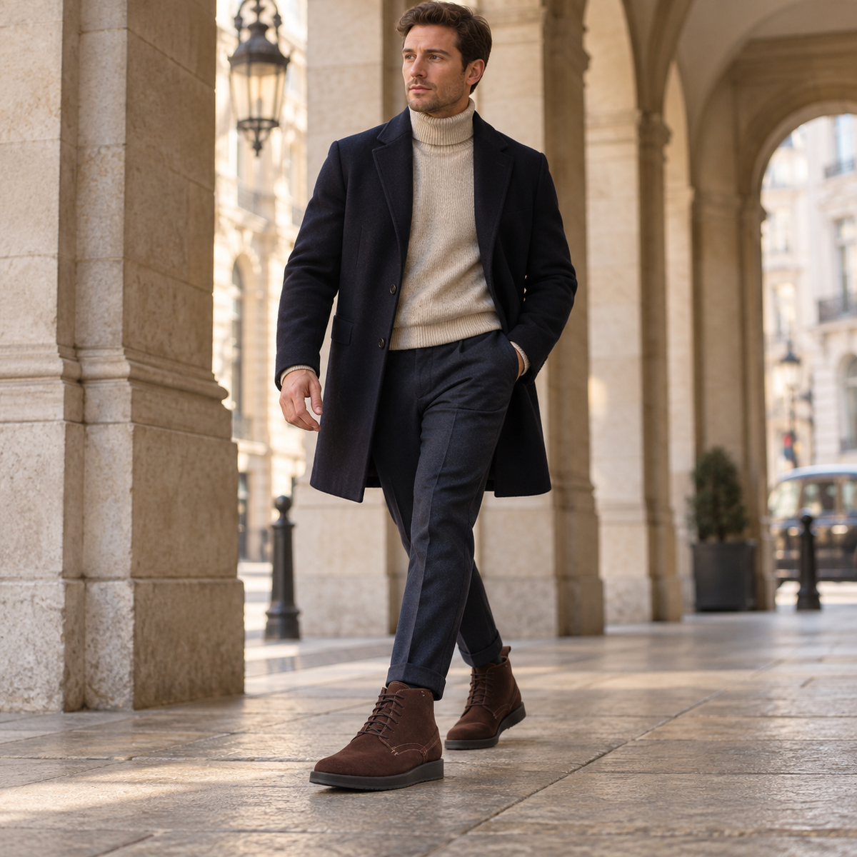 Model wearing brown QUIVE London CHESTER suede chukka boots in a London arcade