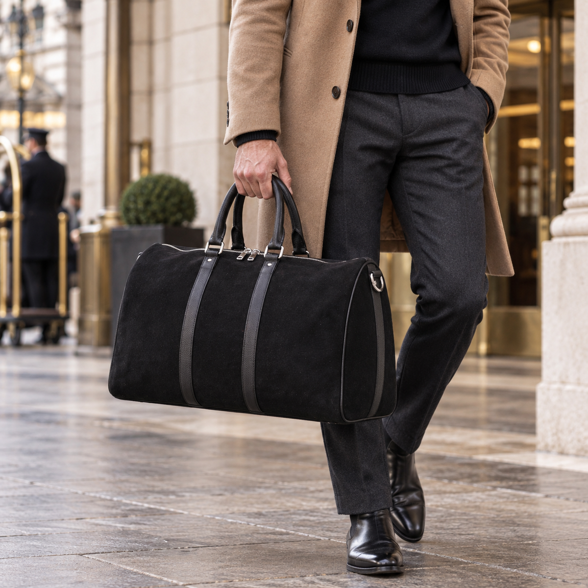 Model carrying the black QUIVE London FITZROVIA suede leather weekender outside a London hotel