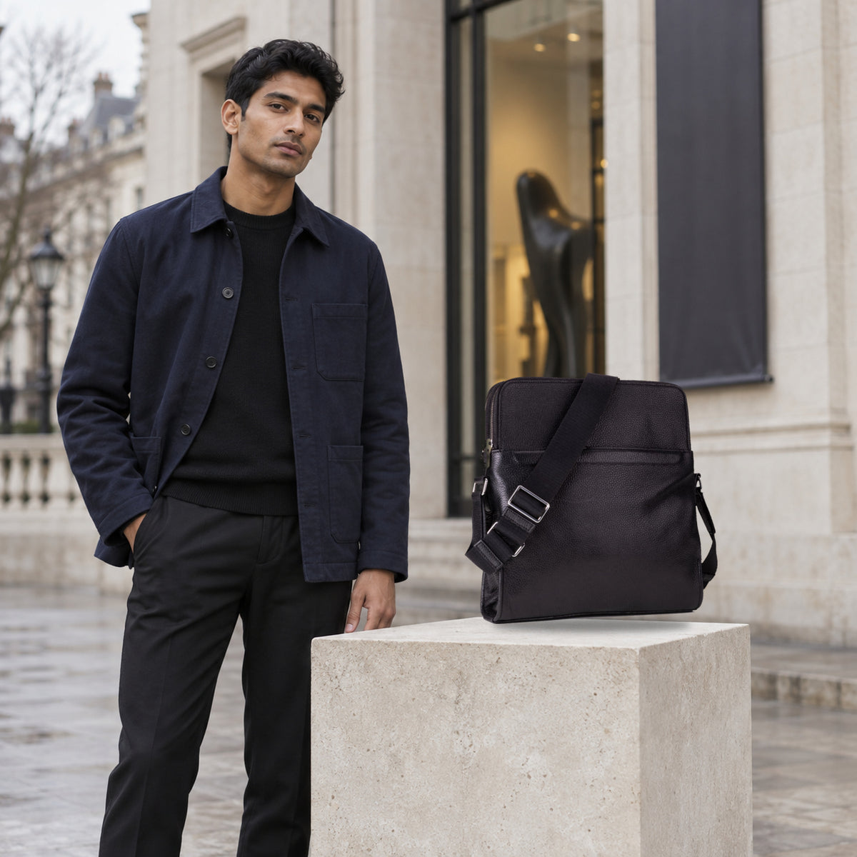 Model with the black QUIVE London PORTMAN leather crossbody bag outside a London gallery