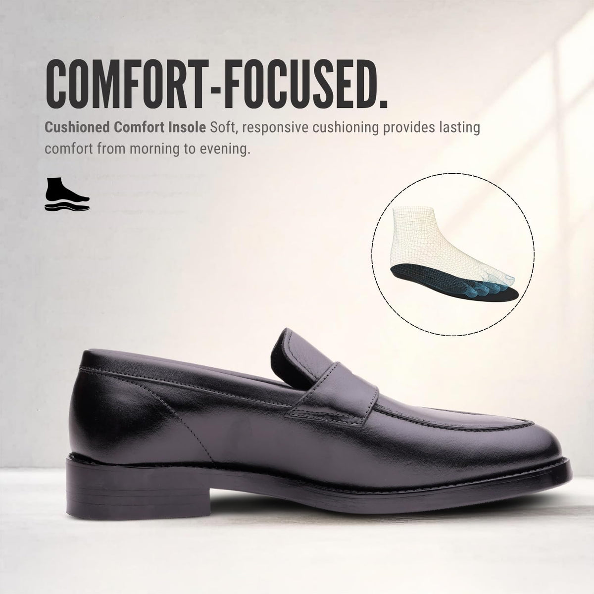 Interior view of REGENT black leather penny loafers