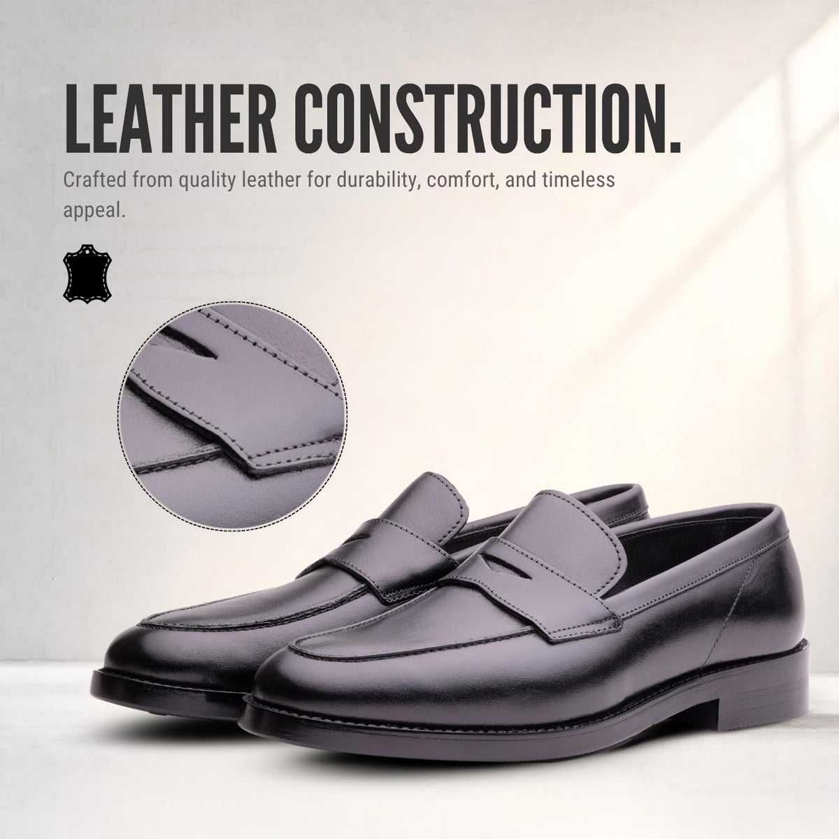REGENT black leather upper and penny strap detail