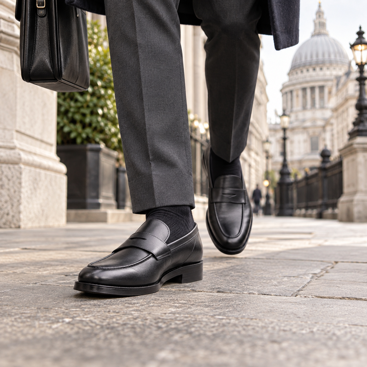 REGENT black leather penny loafers worn on a London street