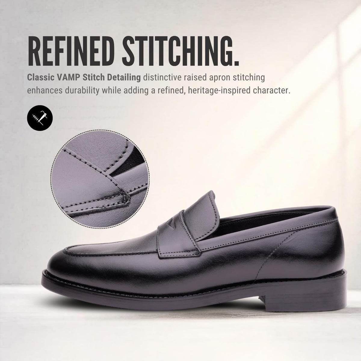 REGENT black leather penny loafer stitching detail