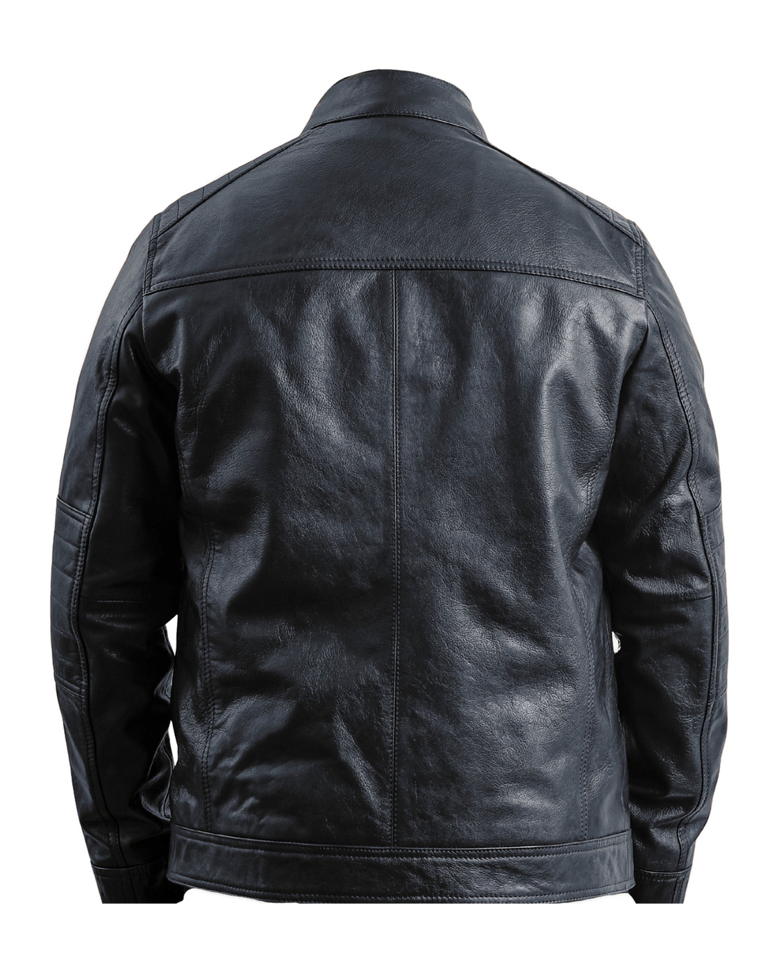 TRAPPER men's black leather jacket back view on pure white, showing rear yoke, centre seam, shaping seams and quilted elbows