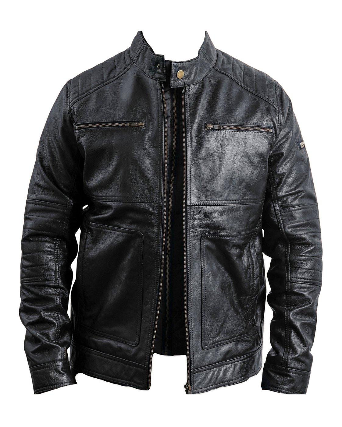 TRAPPER men's black leather jacket front view on pure white, showing snap stand collar, twin chest zips, patch hand pockets and channel quilting