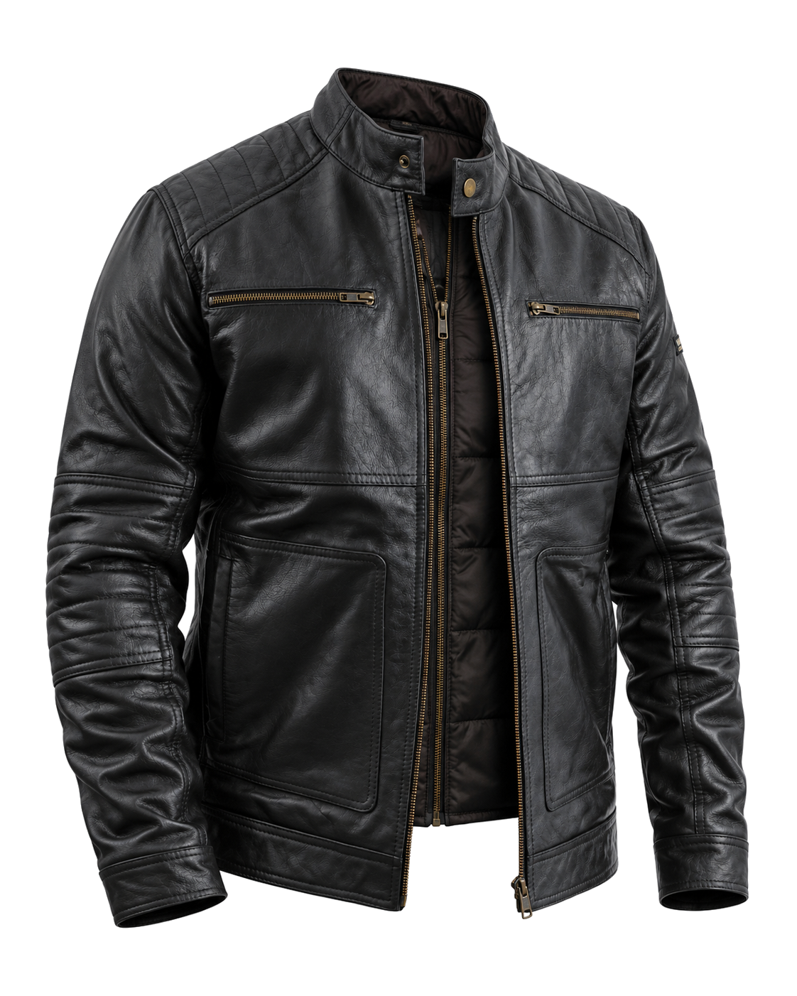 TRAPPER men's black leather jacket in a subtle three-quarter studio view on pure white, showing twin chest zips, patch pockets and shoulder channels