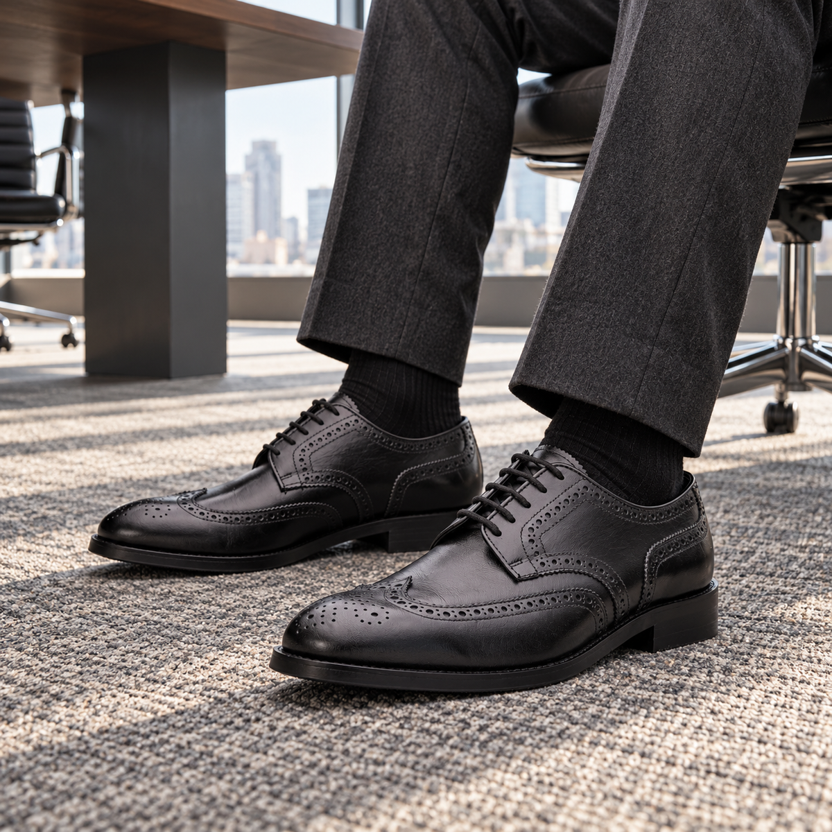 WESTMINSTER black calf leather wingtip Derby shoes worn with a charcoal suit in a boardroom