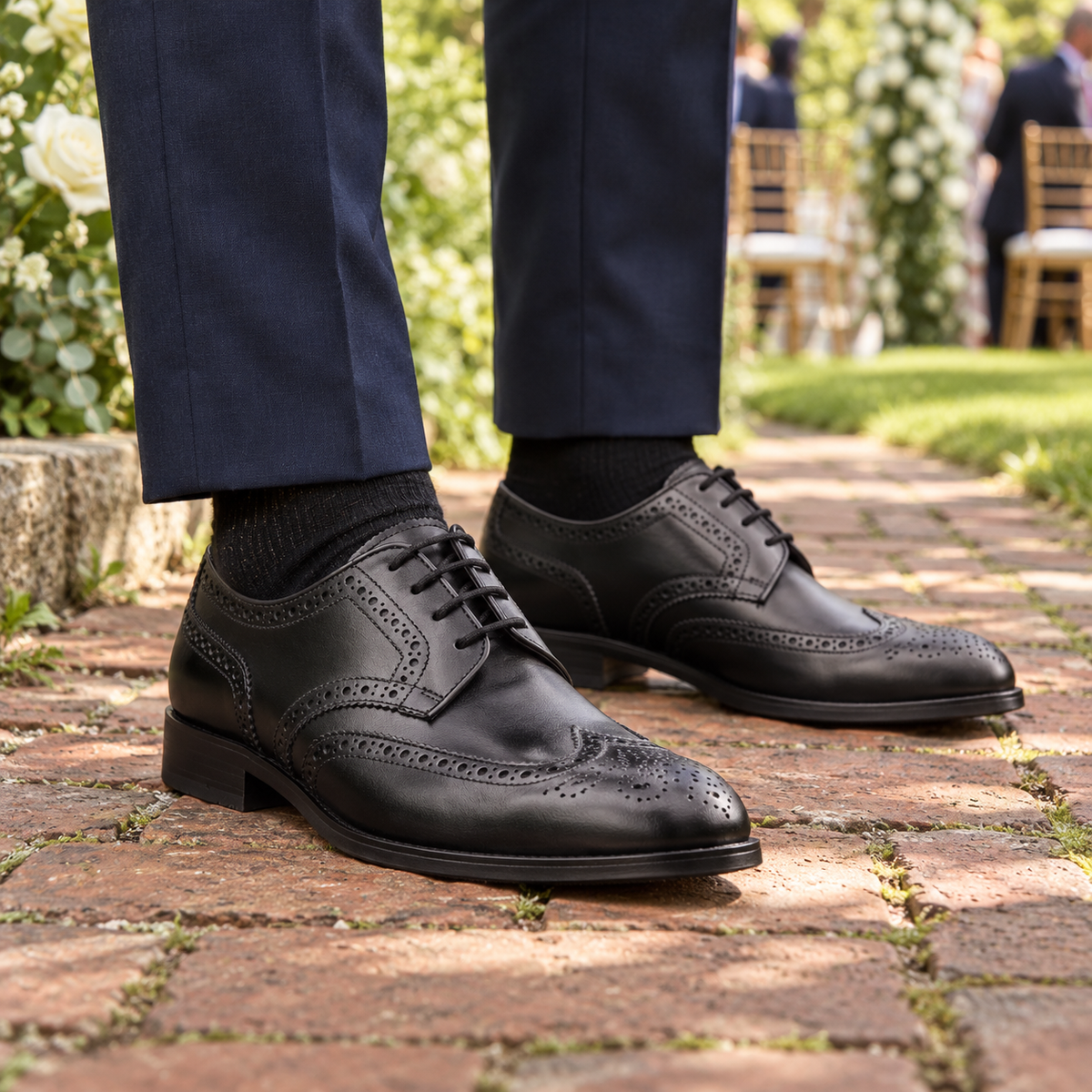 WESTMINSTER black calf leather wingtip Derby shoes worn at a garden wedding