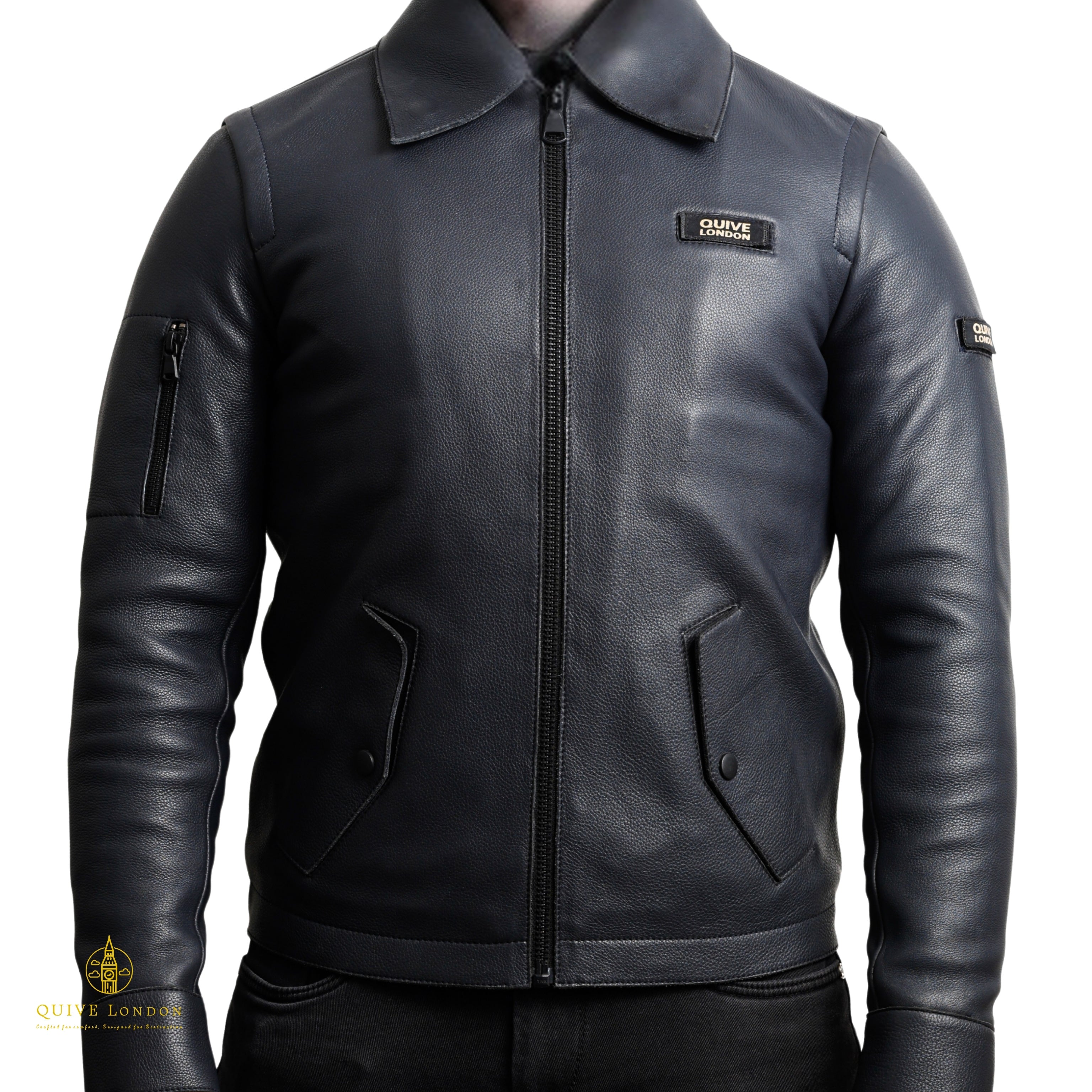 QUIVE London SLOANE men's black full-grain leather jacket front view