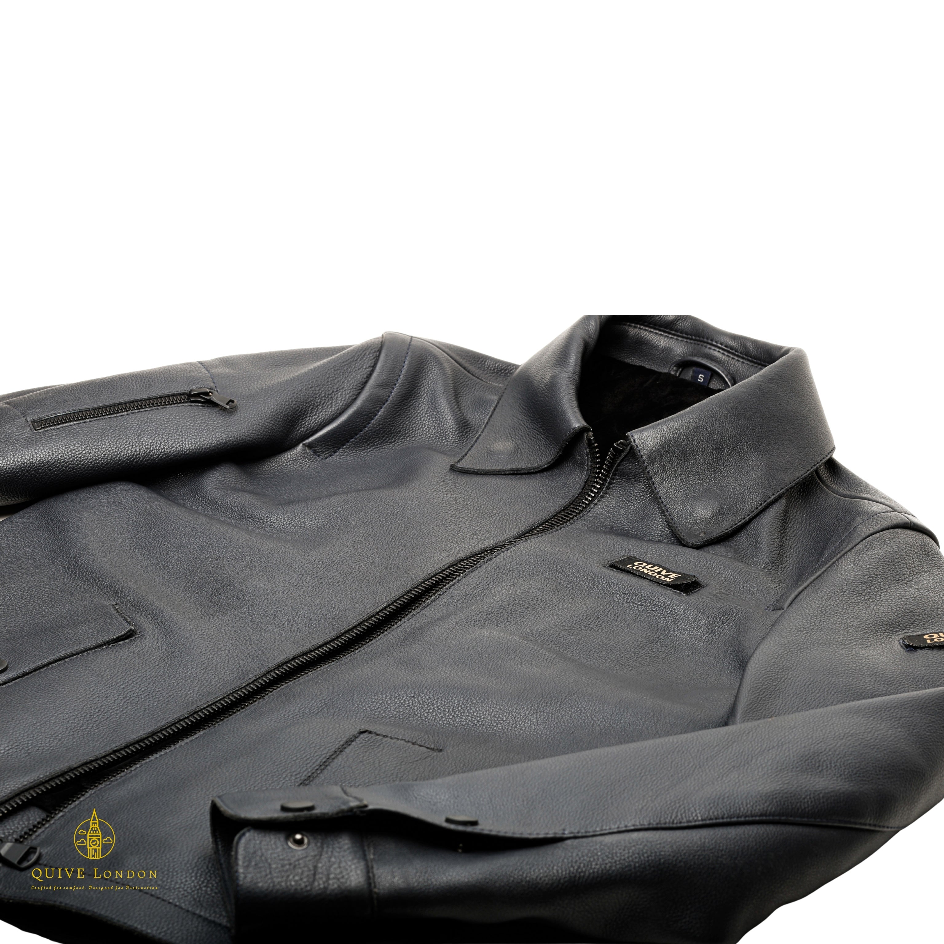 SLOANE black leather jacket laid flat showing collar and pocket detailing