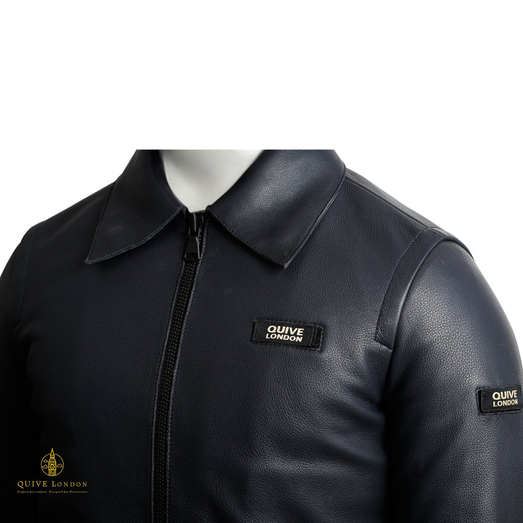 SLOANE men's black leather jacket collar and front zip detail