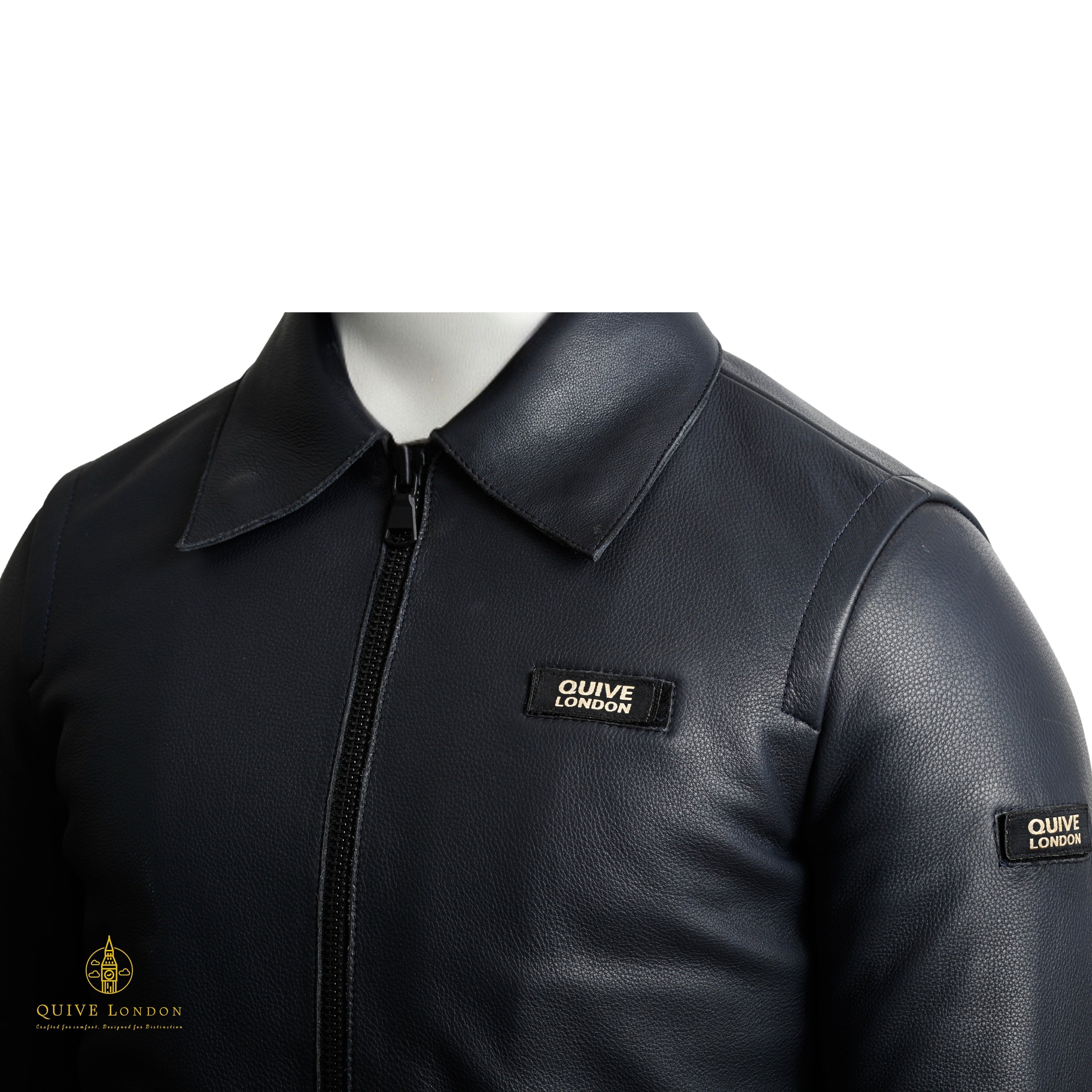 SLOANE men's black leather jacket collar and front zip detail