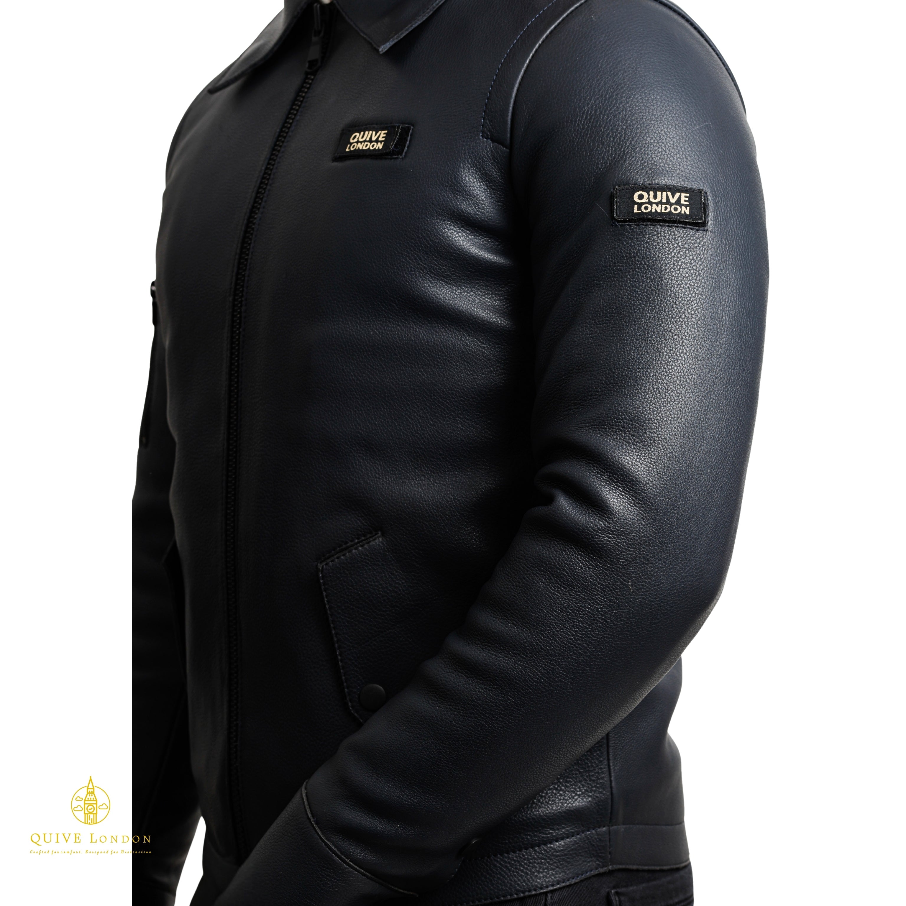 SLOANE black leather jacket angled side view with sleeve zip pocket