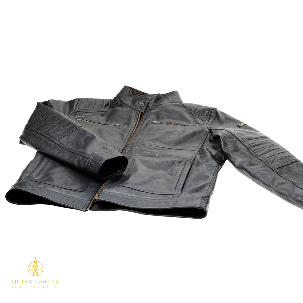 Trapper black sheepskin leather jacket laid flat showing full design