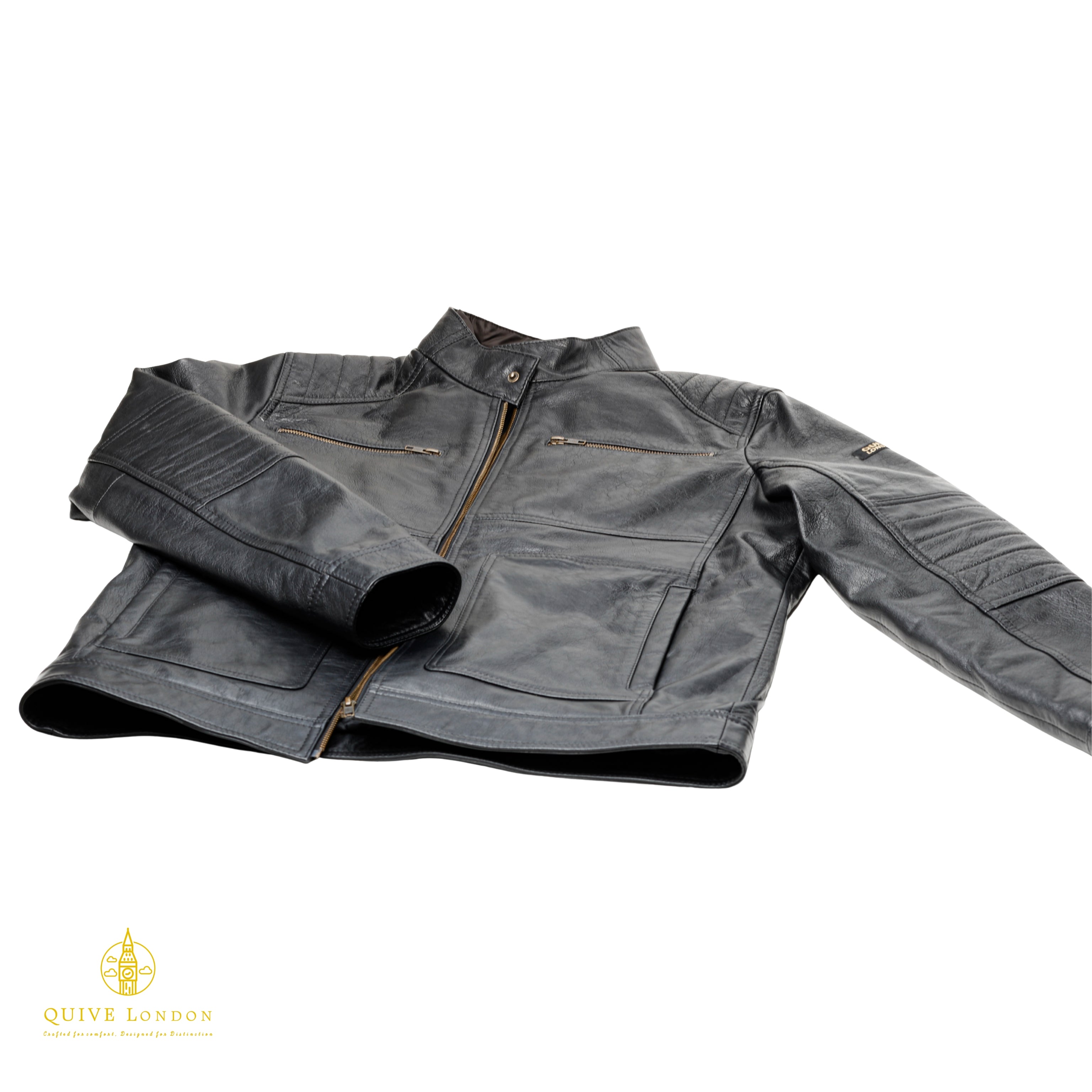 Trapper black sheepskin leather jacket laid flat showing full design