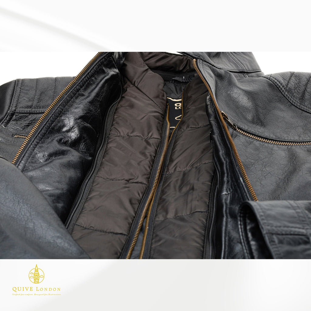Trapper black sheepskin leather jacket insulated interior and YKK zipper