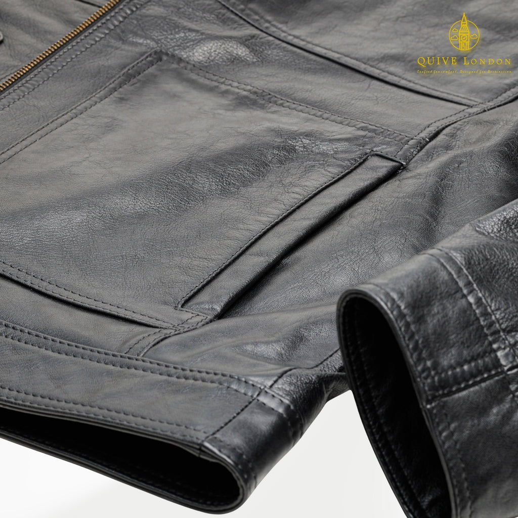 Close-up of Trapper black sheepskin leather jacket pocket and stitching