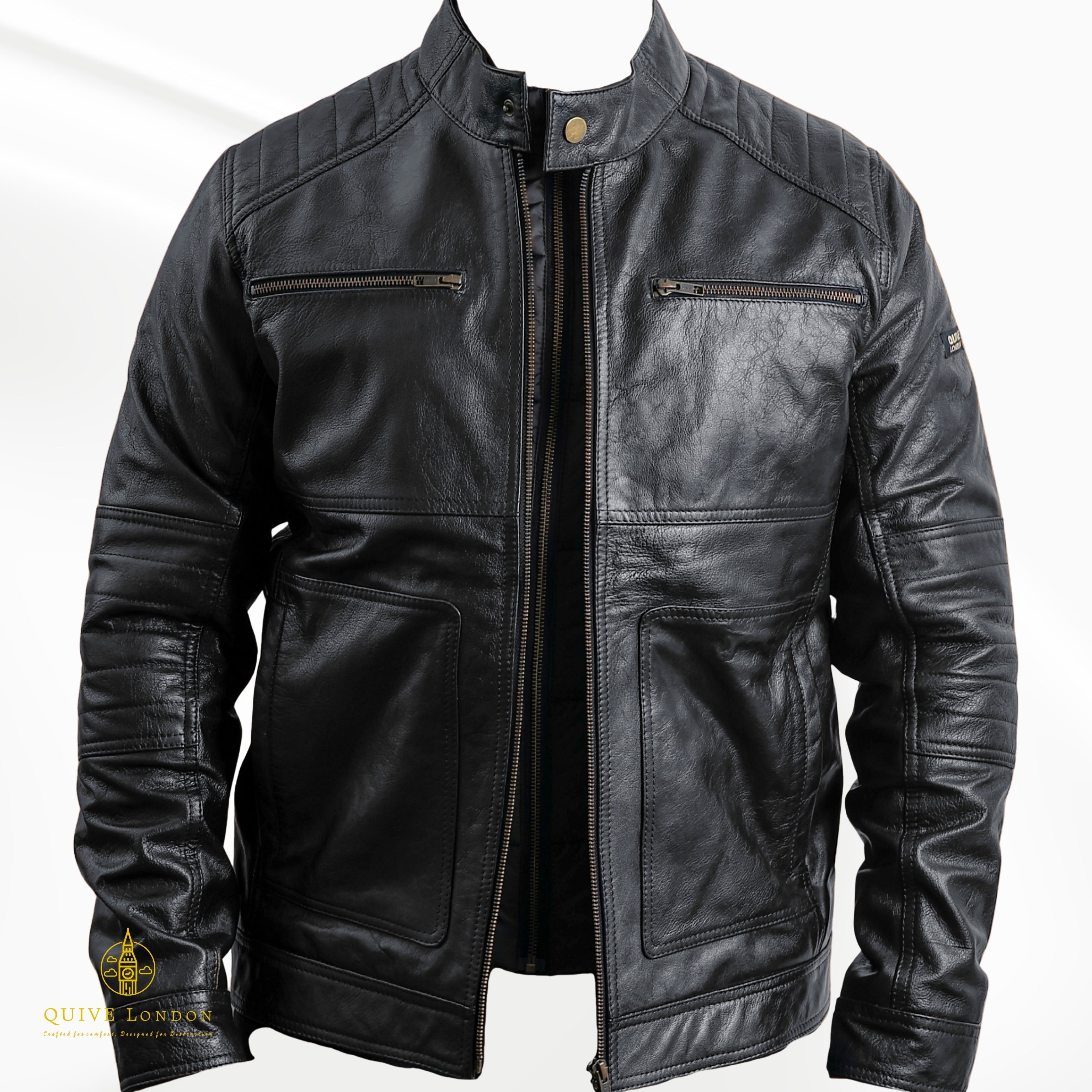 QUIVE LONDON Trapper men's black sheepskin leather jacket front view
