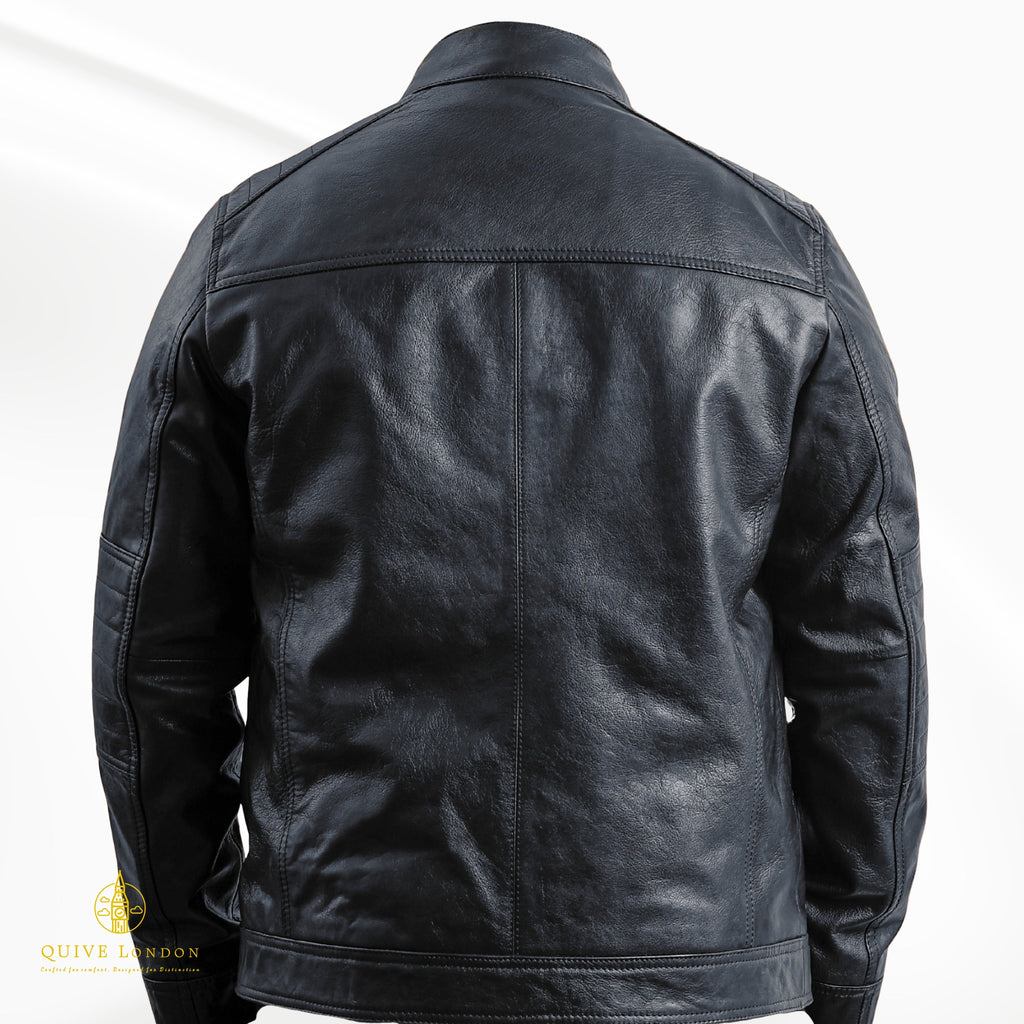 QUIVE LONDON Trapper men's black sheepskin leather jacket back view