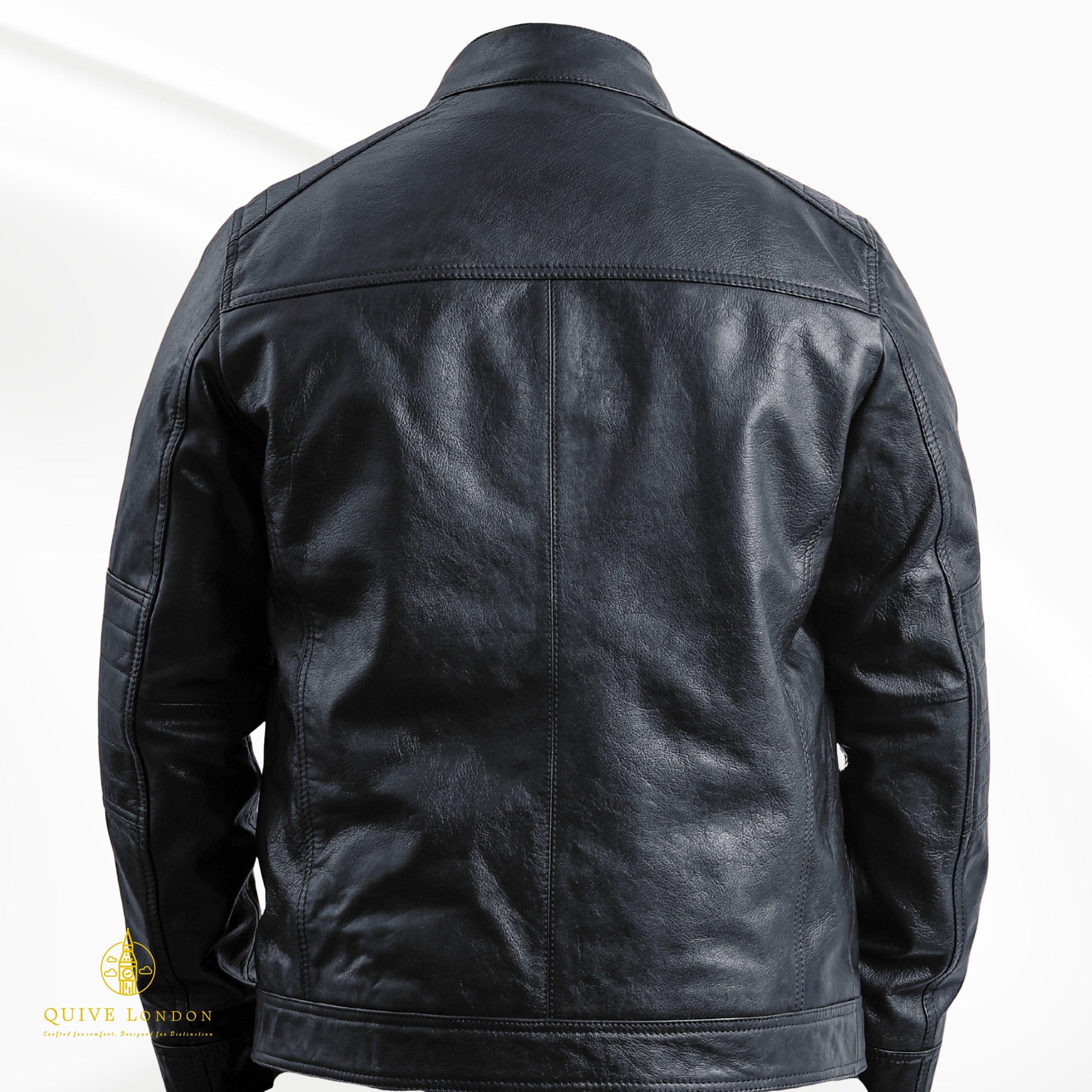 QUIVE LONDON Trapper men's black sheepskin leather jacket back view