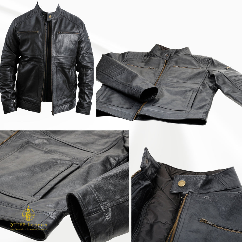 Trapper men's black sheepskin leather jacket detail collage