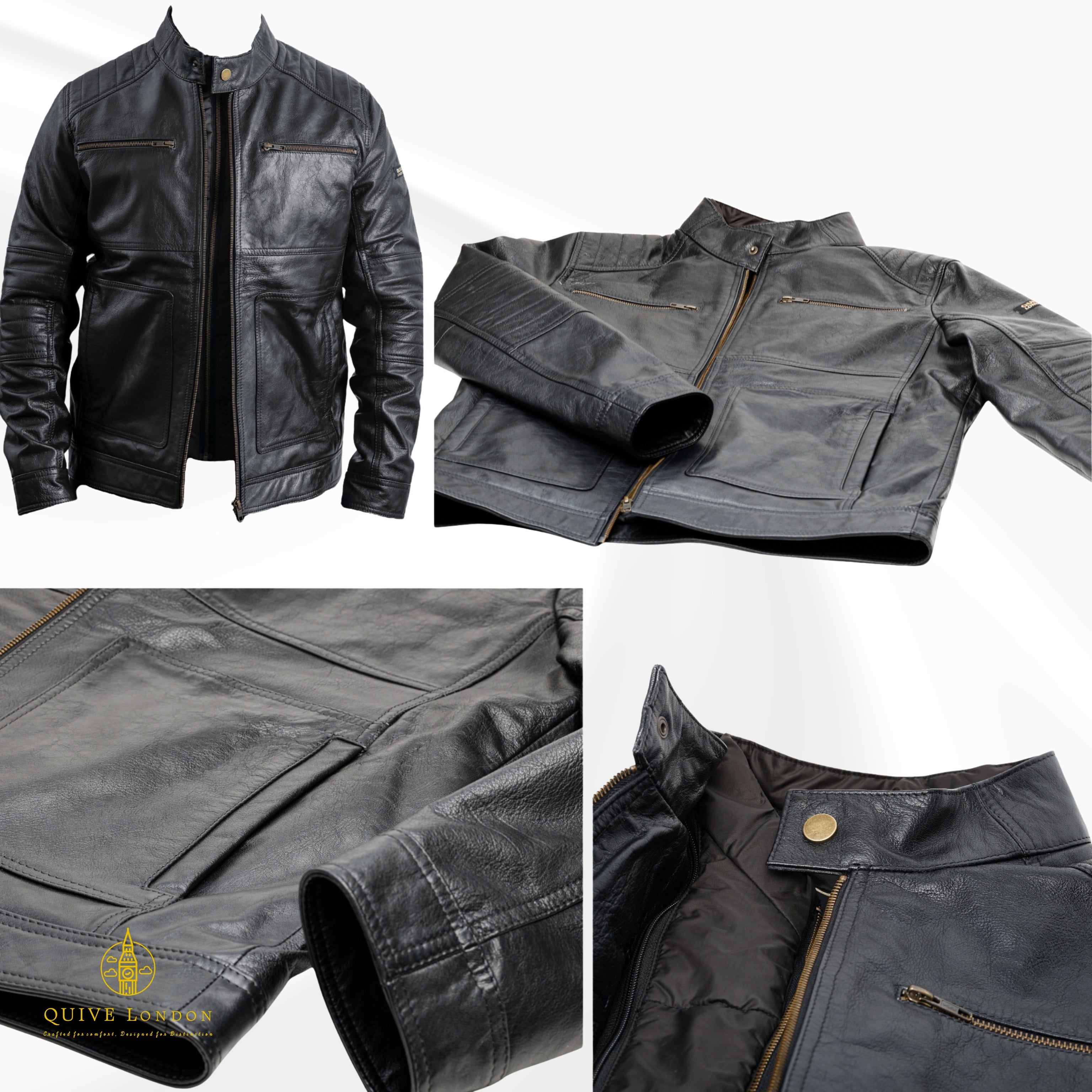 Trapper men's black sheepskin leather jacket detail collage