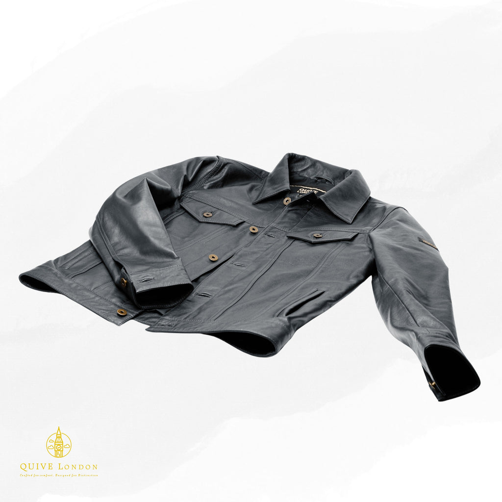 Black BELGRAVE leather jacket laid flat showing shirt collar and button front