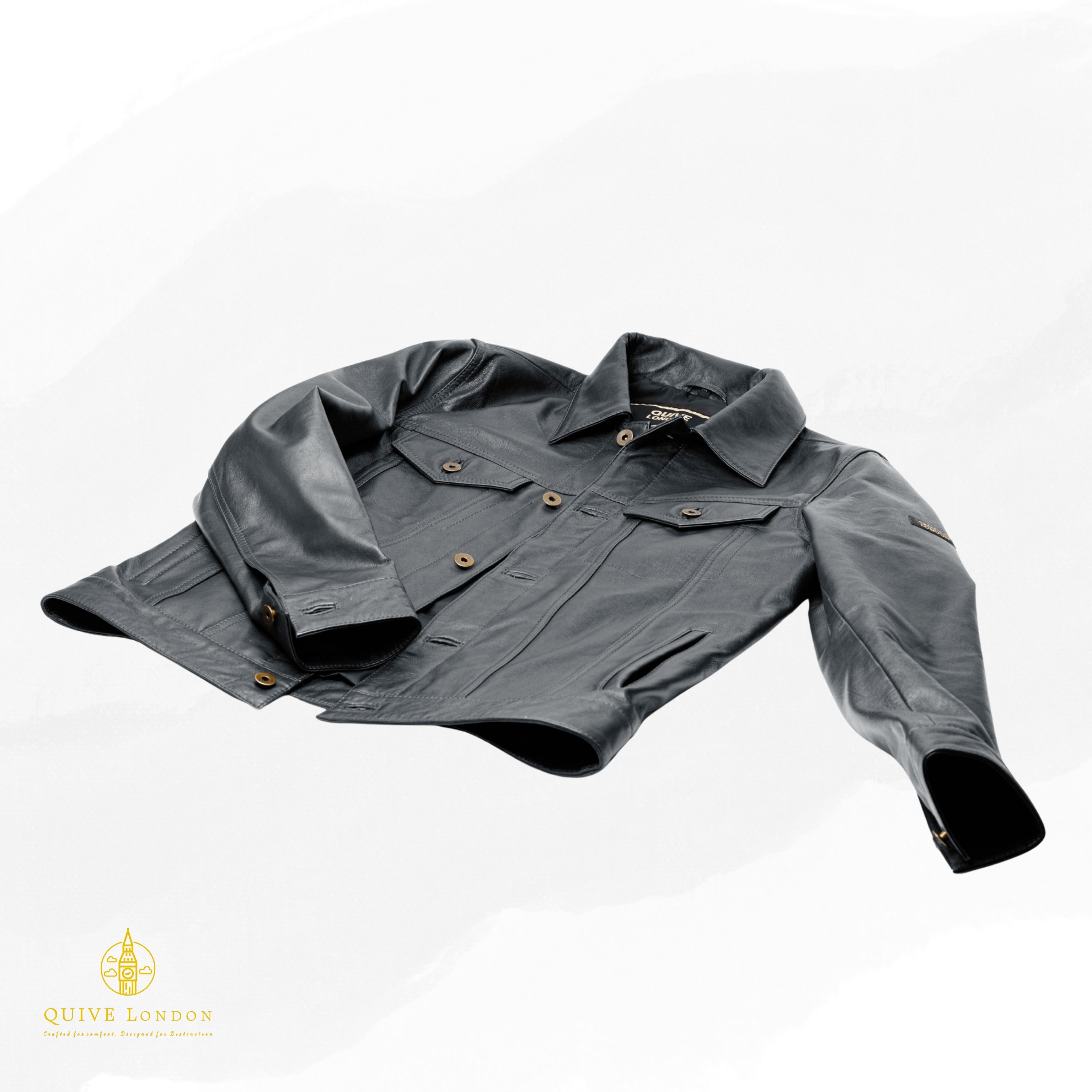 Black BELGRAVE leather jacket laid flat showing shirt collar and button front