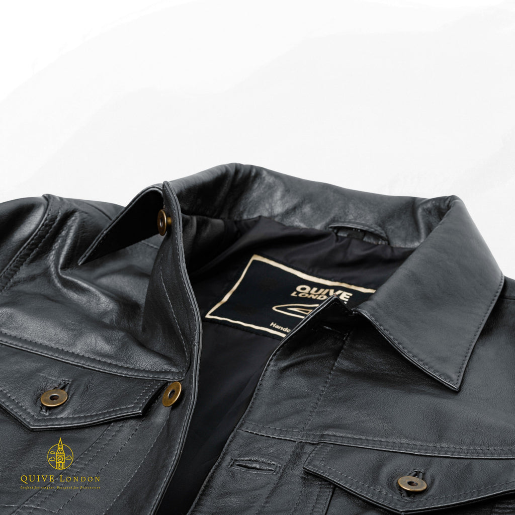 Black BELGRAVE leather jacket collar and interior label detail