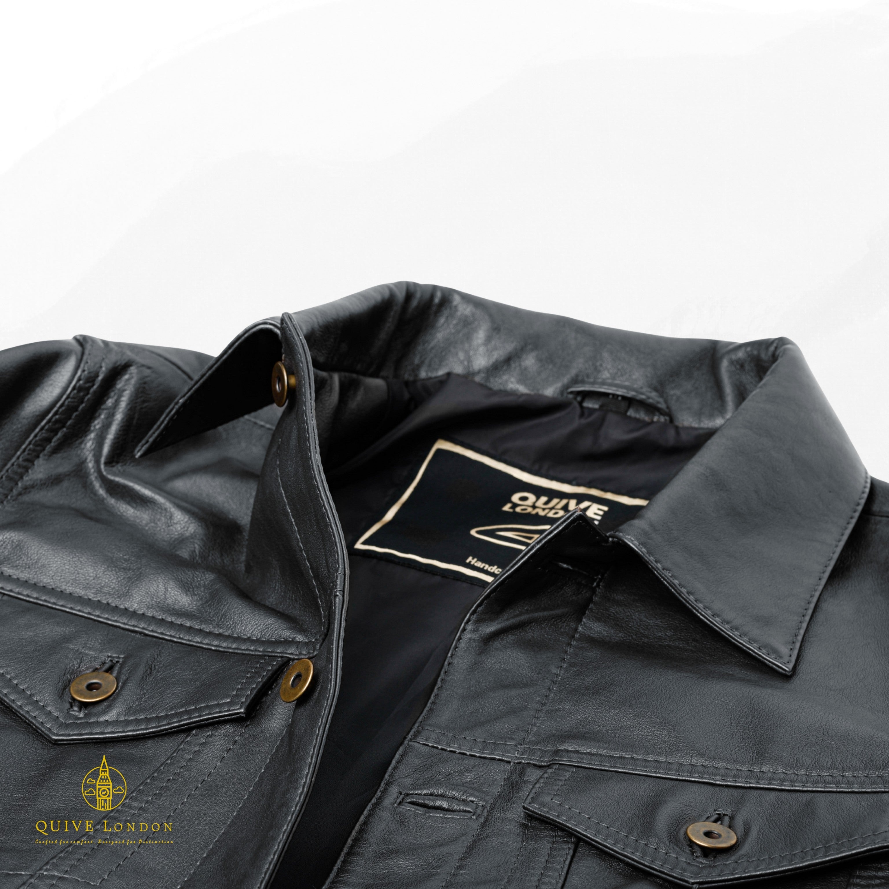 Black BELGRAVE leather jacket collar and interior label detail