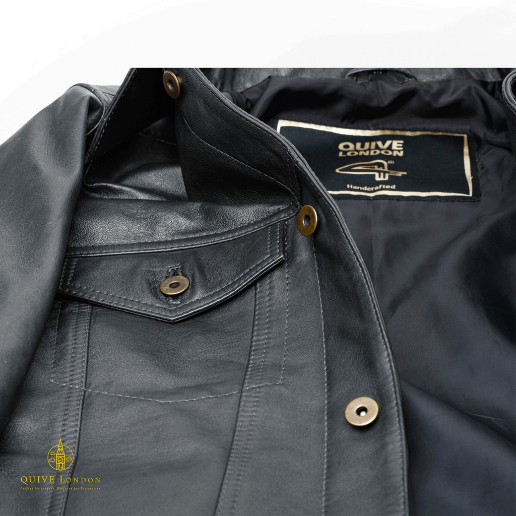 Black BELGRAVE leather jacket chest pocket, collar and button detail