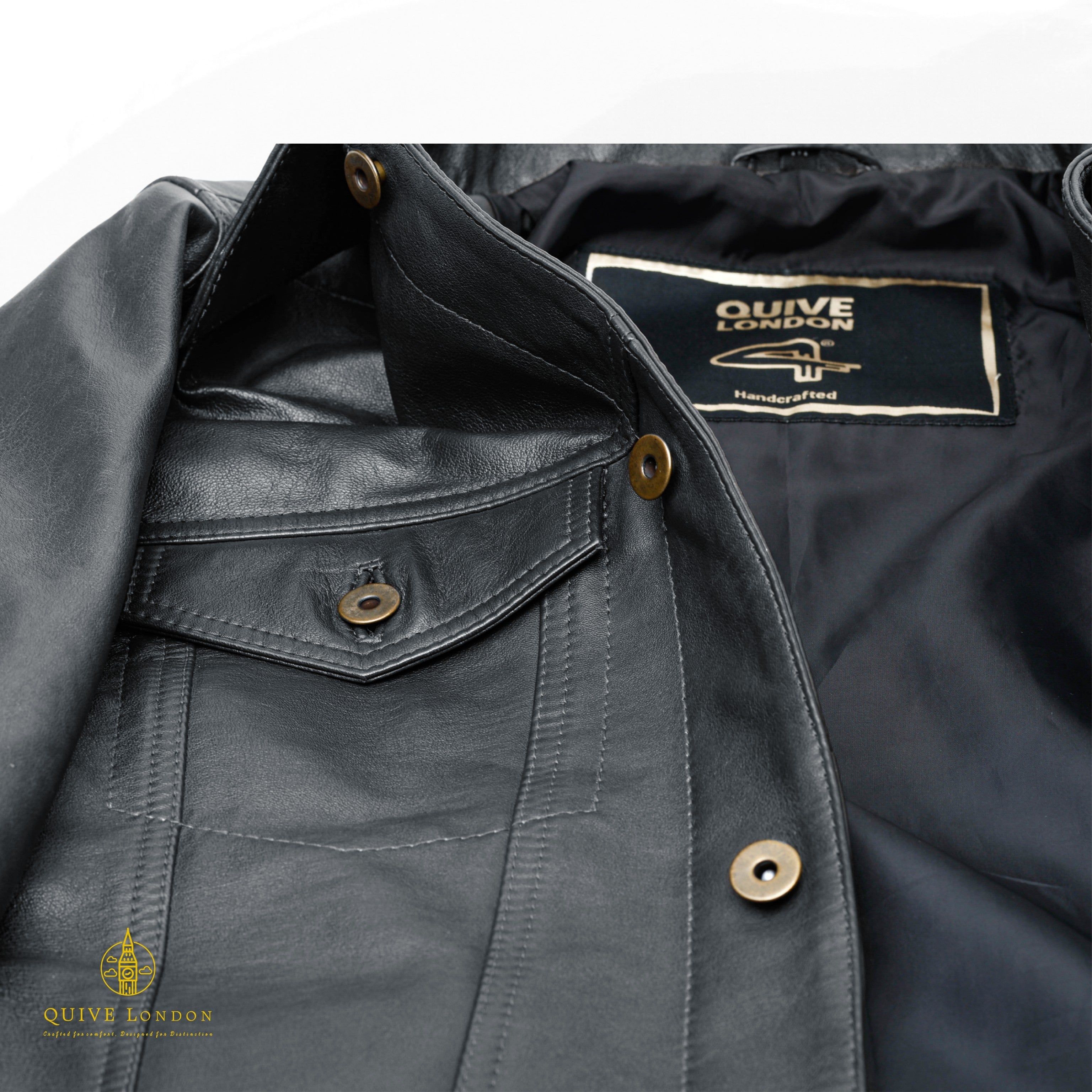 Black BELGRAVE leather jacket chest pocket, collar and button detail