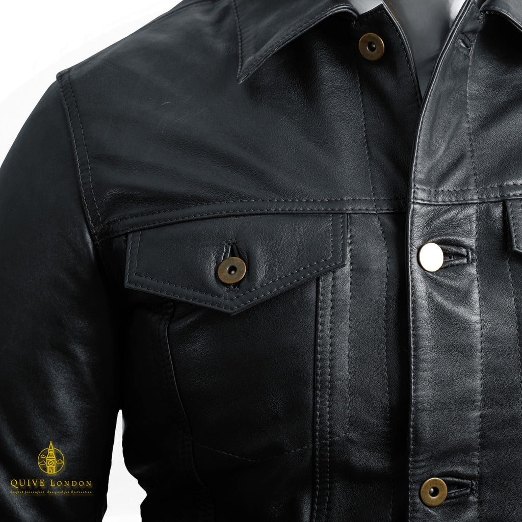 Black BELGRAVE sheepskin leather jacket chest pocket and button detail