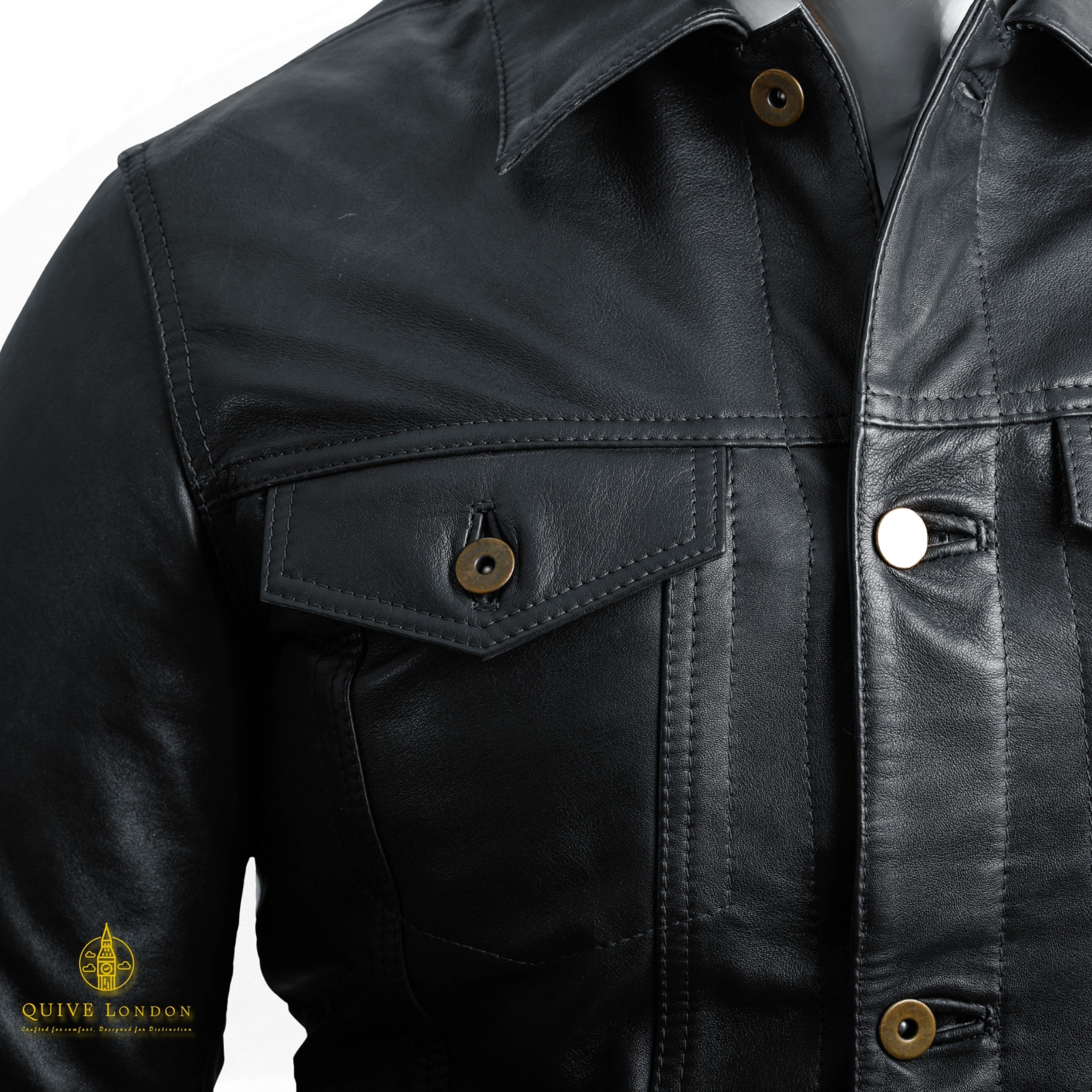 Black BELGRAVE sheepskin leather jacket chest pocket and button detail