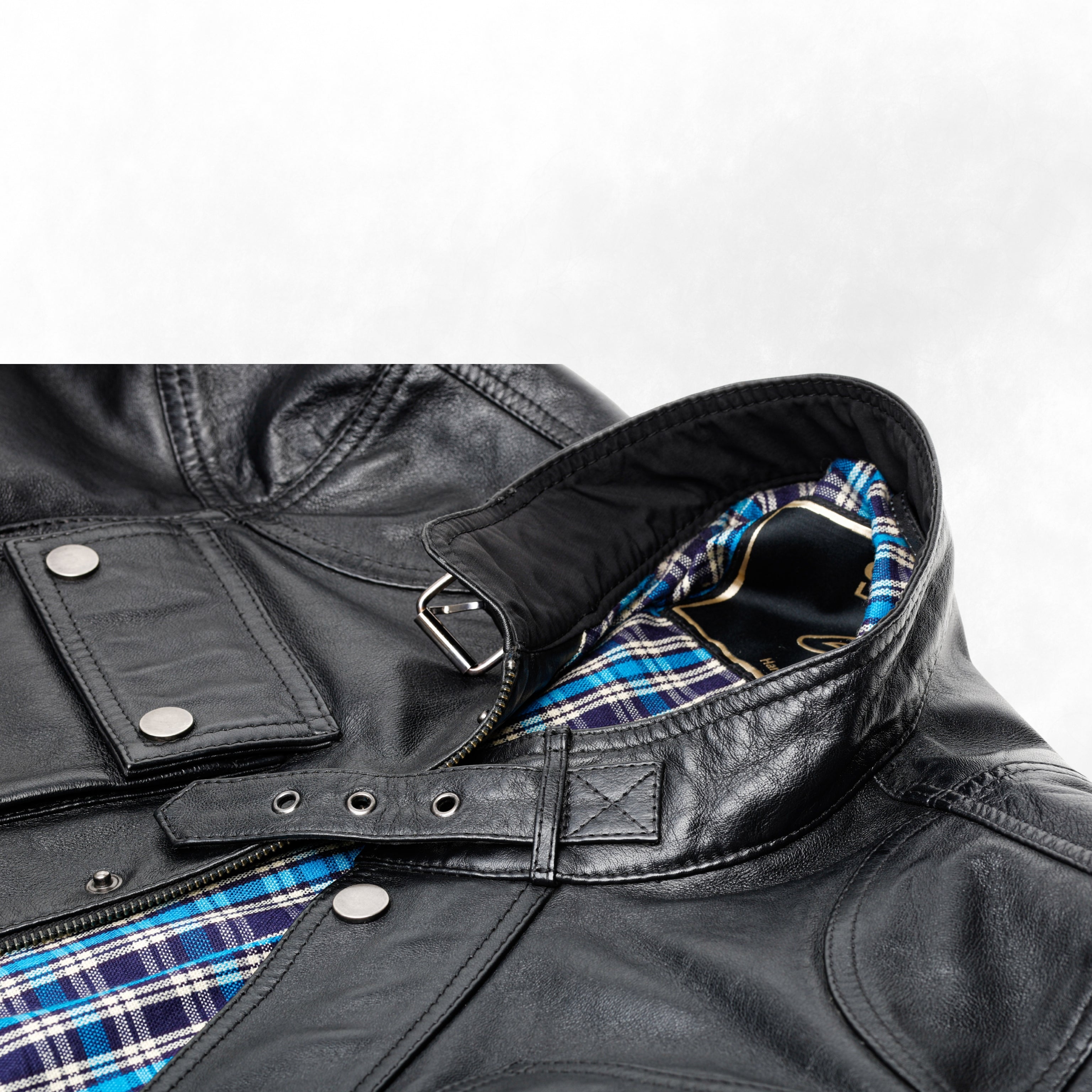 HARROW black leather jacket checked cotton lining detail