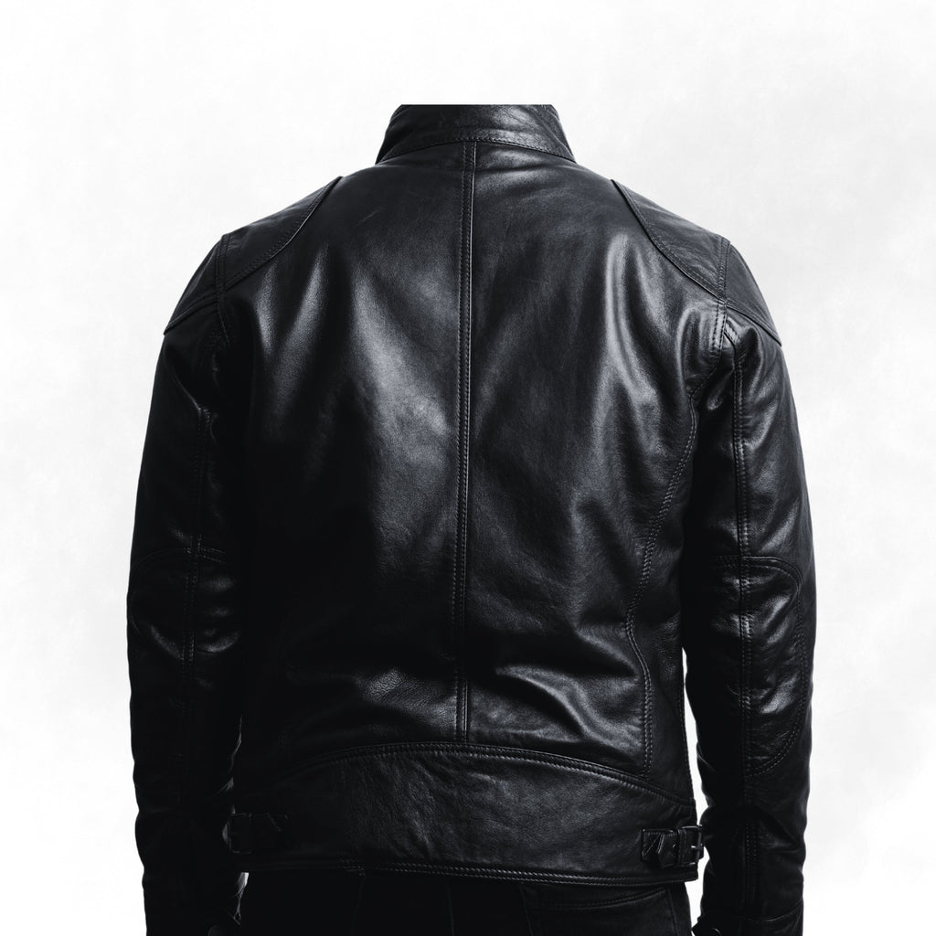 HARROW men's black sheepskin leather jacket back view