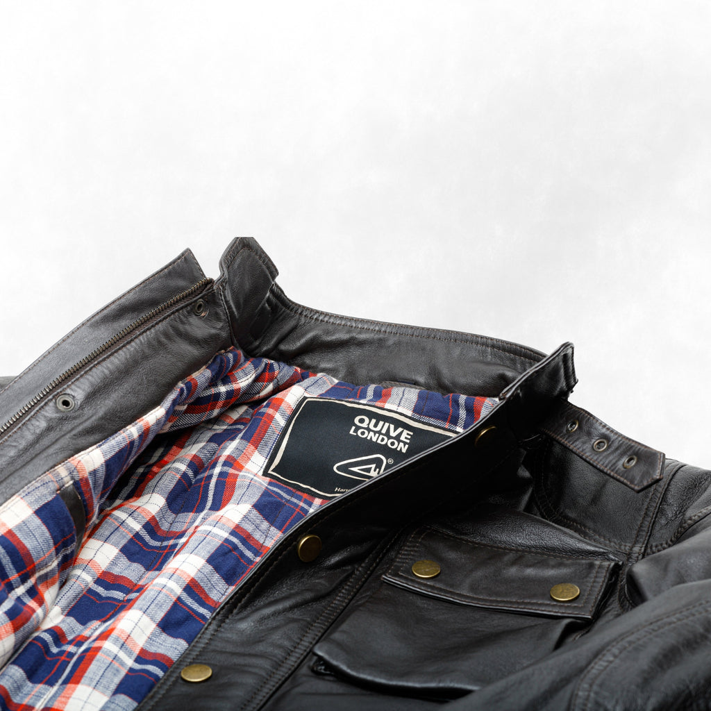HARROW brown leather jacket checked cotton lining detail