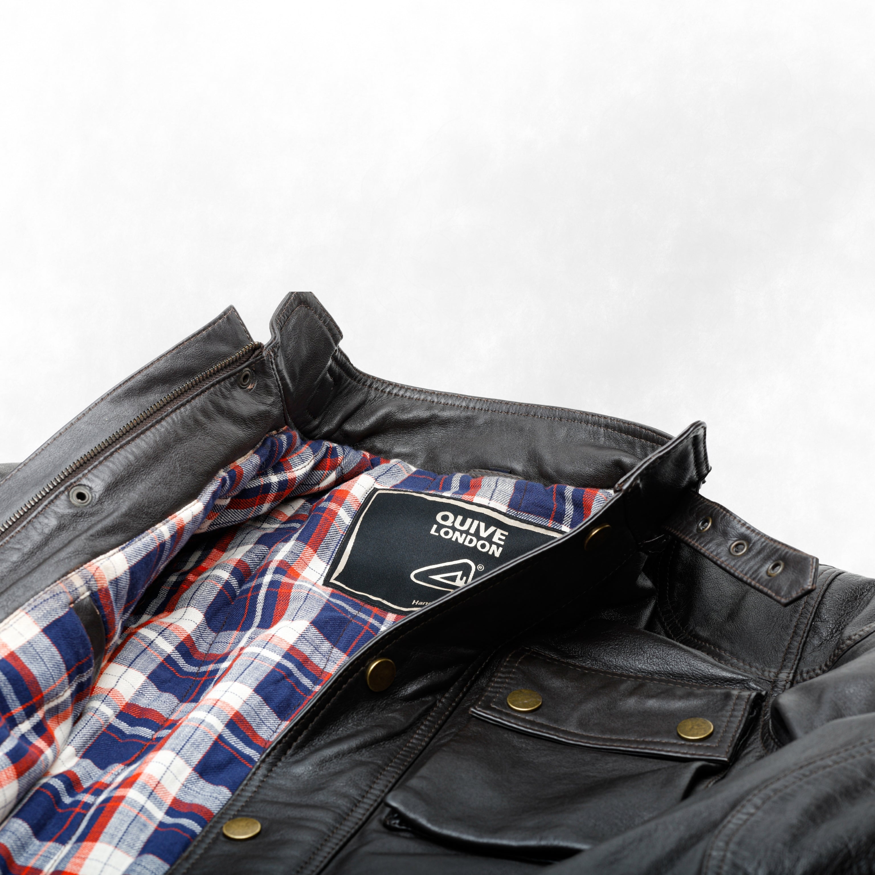 HARROW brown leather jacket checked cotton lining detail