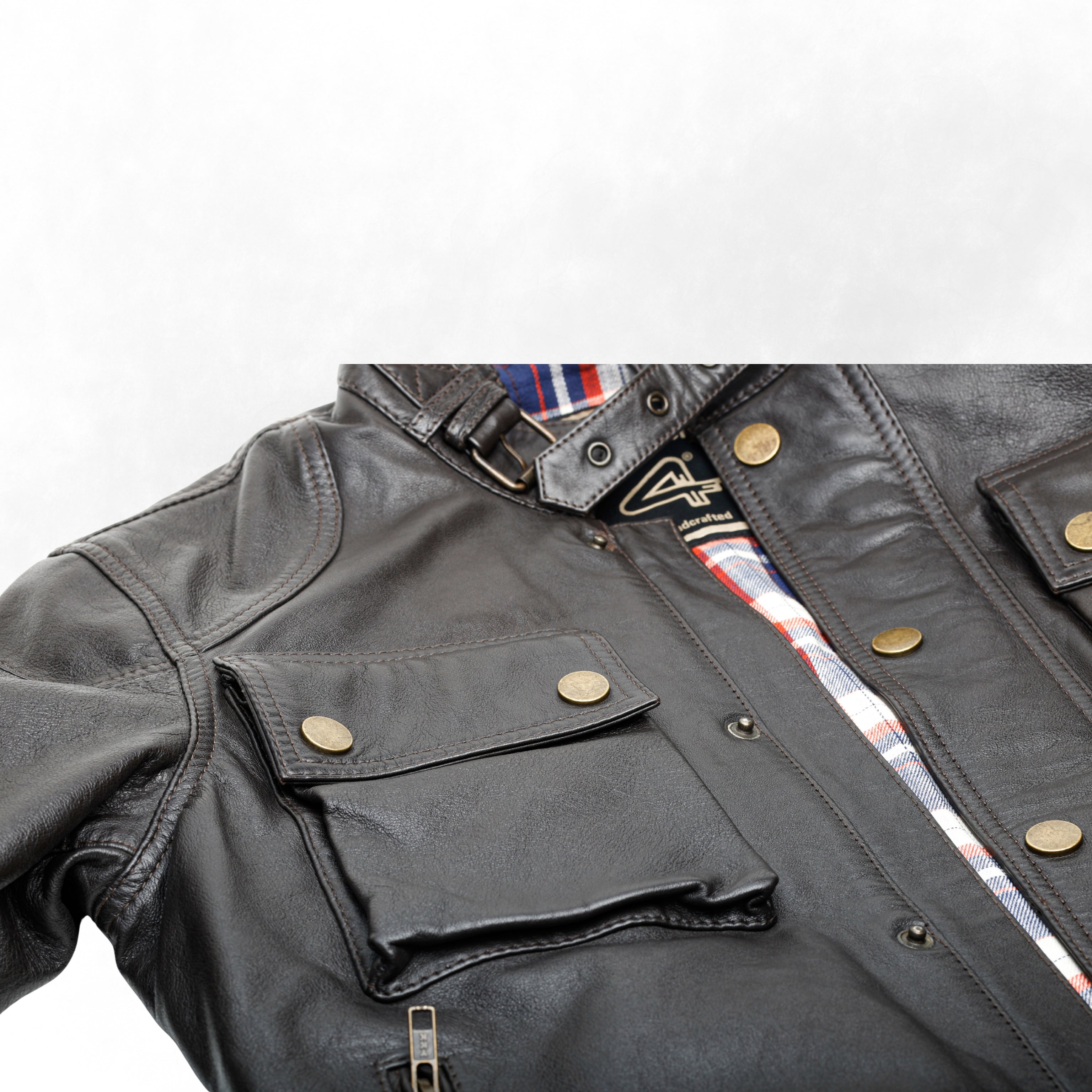 HARROW men's brown leather jacket front pocket detail